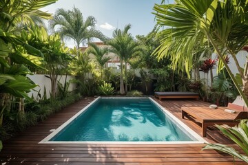 Fototapeta na wymiar Luxury garden with pool and deck. Generative AI