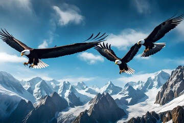 A pair of eagles soaring high above a grand mountain landscape