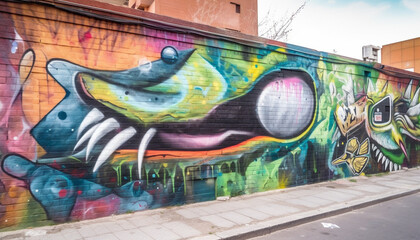 Vibrant city street art illuminates modern built structures with abstract patterns generated by AI