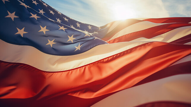 American flag. USA, waving flag. Independence Day in United States of America. Fourth of July. Happy national americans annual holiday. Art illustration. Freedom day. Patriotic poster. Generated AI