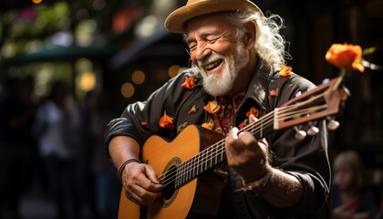 Obraz premium Smiling senior guitarist playing acoustic guitar outdoors generated by AI