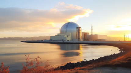 Fototapeta na wymiar Sunset Silhouette of Nuclear Power Plant and Domed Building Reflecting on Calm Sea