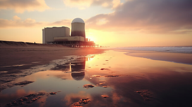 Sunset Silhouette of Nuclear Power Plant and Domed Building Reflecting on Calm Sea