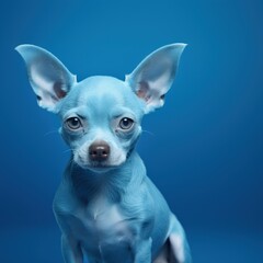 Sad pet blue dog sit with big ears. Isolated on blue background. Blue Monday concept