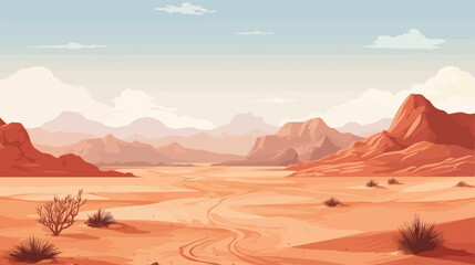Desert landscape background with sand and mountains. Vector illustration in cartoon style