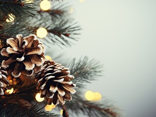 Christmas background with cones, fir tree and bokeh lights