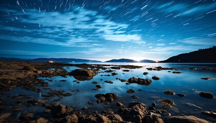 Fototapeta premium Tranquil scene, mountain, sunset, water, reflection, sky, dusk generated by AI