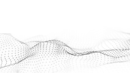 Digital dynamic wave of particles and lines. Abstract white futuristic background. Big data visualization. 3D rendering.