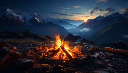 Mountain peak, campfire, hiking, adventure, sunset, landscape, nature, outdoors generated by AI - obrazy, fototapety, plakaty