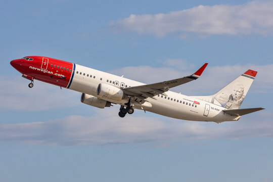 Stockholm, Sweden - June 30, 2023: Low Cost airline Norwegian departing Stockholm Arlanda with a Boeing 737 aircraft
