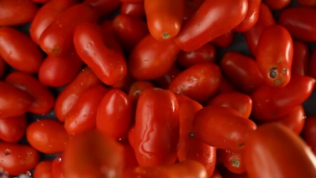 Tasty, wet red tomatoes are falling