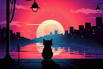 Cat in the night city. Loneliness concept - 677862938