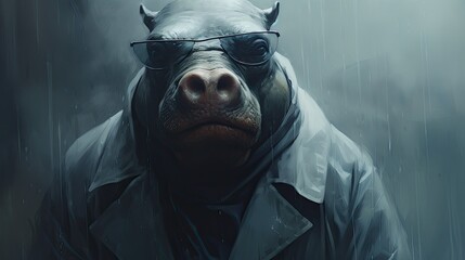Fototapeta na wymiar Hippopotamus in glasses close-up. Anthopomorphic image. A fictional character for advertising and marketing. A character for graphic design.