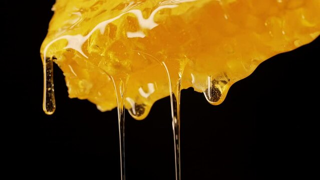Honey dripping from honeycombs extreme macro.Natural bees wax cells, gold elixir