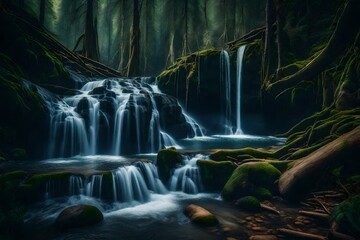 A remote, untouched wilderness waterfall, surrounded by ancient trees