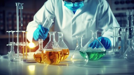 Scientist in a chemistry lab with flasks and other labware. Research and development concept for medical, biotechnology, molecular biology or chemistry research and development. Illustration.