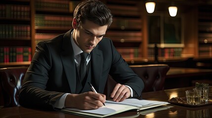 Obraz premium A lawyer is in the library preparing for a trial and writing something down in a notebook. A businessman is keeping a financial report. A man in a suit is working in his office. Illustration.