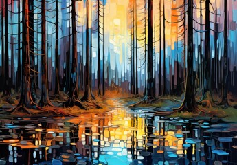 Fantastic colorful forest landscape with streamlet. Abstract design with surreal scenery. Taiga in the rays of sunset. Illustration for cover, postcard, interior design, invitations or print.