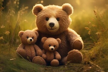 Adorable bear with twin stuffed bears. Generative AI