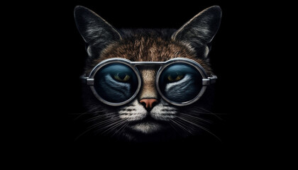 Cute kitten with eyeglasses staring fearfully at night outdoors generated by AI