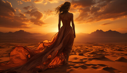 Young woman in a yellow dress enjoys the sunset on vacation generated by AI