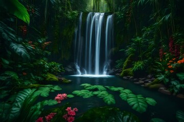 A hidden jungle waterfall, surrounded by lush vegetation and vibrant flowers