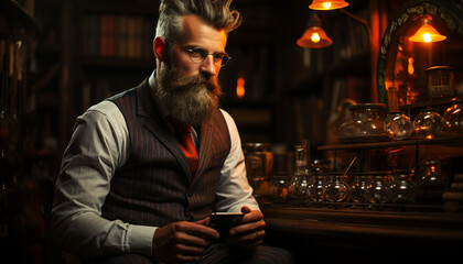 Obraz premium A confident businessman sitting indoors, holding a smart phone, working generated by AI