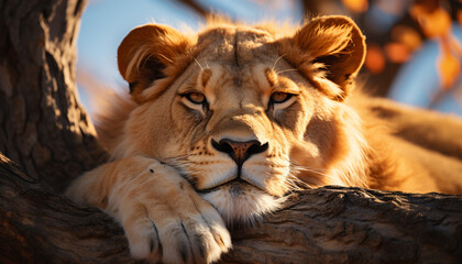 Naklejka premium Majestic lion resting in the African wilderness generated by AI