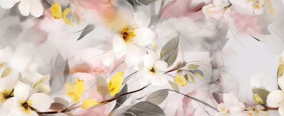 Spring floral banner, Hazy white smoke, pale pink and pale yellow wildflowers, watercolor retro style, layered translucency