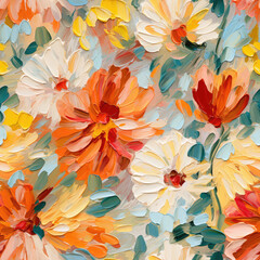Seamless pattern with bright flowers. Painting with oil paints. Impressionism style. Stock illustration.