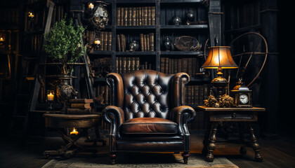 Dark, old fashioned living room with antique furniture and elegant decoration generated by AI
