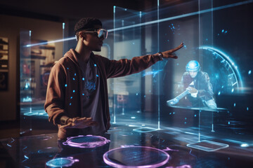 Illustrating a futuristic trend, a person engages with a holographic display, symbolizing immersive augmented reality interfaces seamlessly merging the digital and physical realms - obrazy, fototapety, plakaty