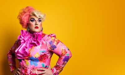 Plus sized drag queen person wearing heavy extravagant makeup. Proud expression. Wide banner with copy space on side. Generative AI - obrazy, fototapety, plakaty