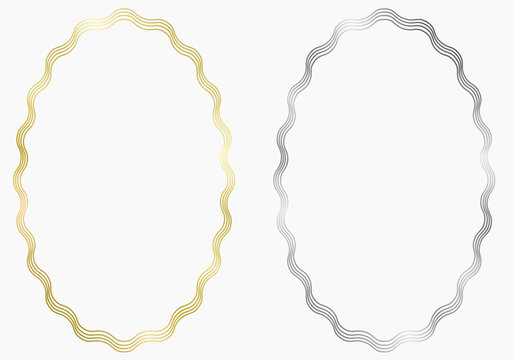 Set of golden and silver metal oval frames isolated on white. Vector frame for photo. Frame for text, certificate, pictures, diploma. Wavy frames. Gold, luxury