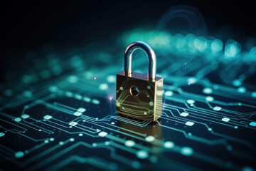 Highlighting secure financial transactions, a digital padlock symbolizes the safety of a payment gateway, complemented by a seamless online transaction in the backdrop - obrazy, fototapety, plakaty