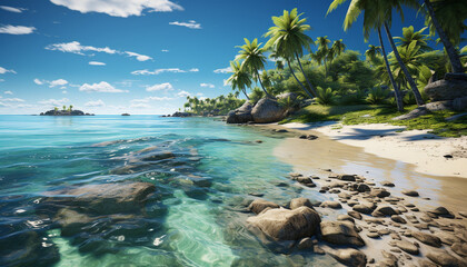 Tropical coastline, turquoise waters, palm trees, serene sunset generated by AI
