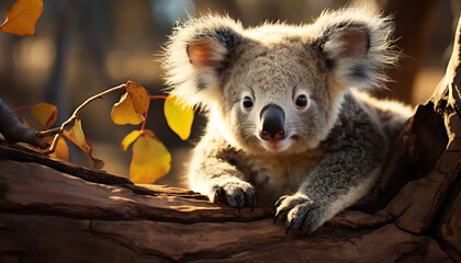 Cute koala sitting on branch, looking at camera generated by AI