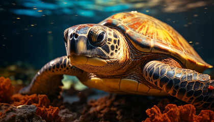 Close up of a beautiful sea turtle swimming underwater generated by AI