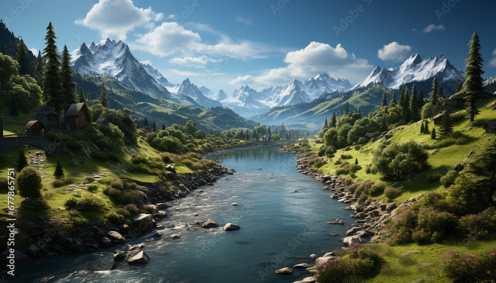 Poster majestic mountain peak reflects tranquil meadow in summer generated by ai