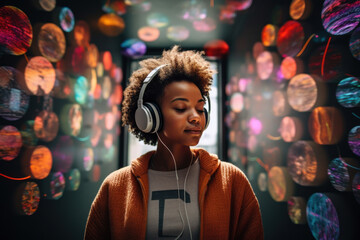 woman savors music from diverse genres via a streaming service, emphasizing the convenience and rich variety offered by digital music platforms - obrazy, fototapety, plakaty