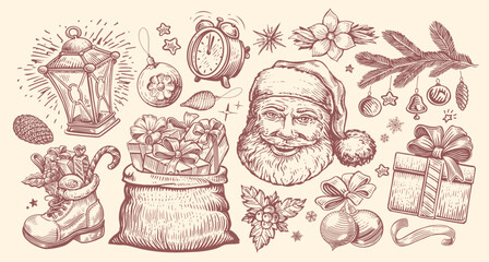 Christmas concept, sketch style. Hand drawn vintage vector illustration - obrazy, fototapety, plakaty