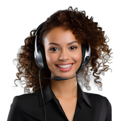 Customer service representative with curly hair talking through headset isolated on transparent or white background, png