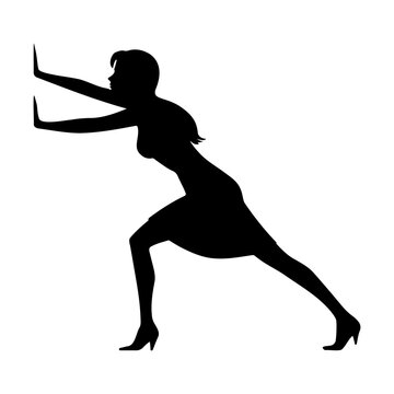 Woman pushing a wall silhouette. Vector illustration