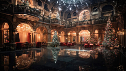 A magnificent Christmas palace, decorated with colored lights, with the feel of a fairy tale world