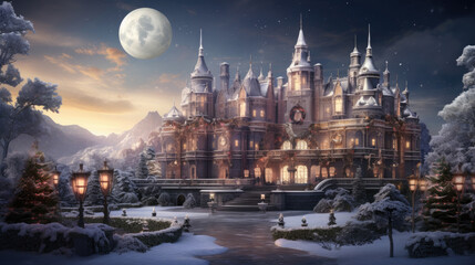 Obraz premium A magnificent Christmas palace, decorated with colored lights, with the feel of a fairy tale world