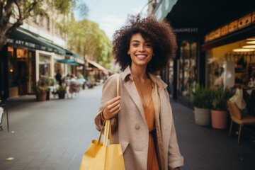 female shopper leisurely strolls with bags in hand, exploring boutique shops and local markets, showcasing a diverse array of purchases made during a satisfying shopping experience - obrazy, fototapety, plakaty