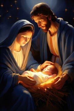 Birth of Christ, Mary and Joseph and Baby Jesus Illustration, Holy Family, Divine Union