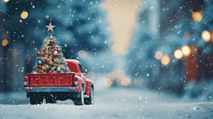 Red retro pickup truck carrying a Christmas tree with space for text