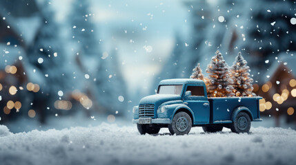 Blue retro pickup truck carrying a Christmas tree with space for text