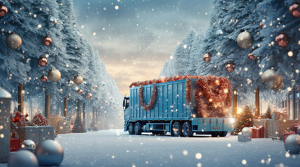 Blue big truck carrying Christmas toys and gifts with space for text - obrazy, fototapety, plakaty